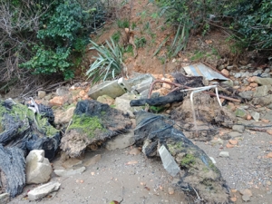 Debris from slip shows material that was potentially used as retaining from the property above.